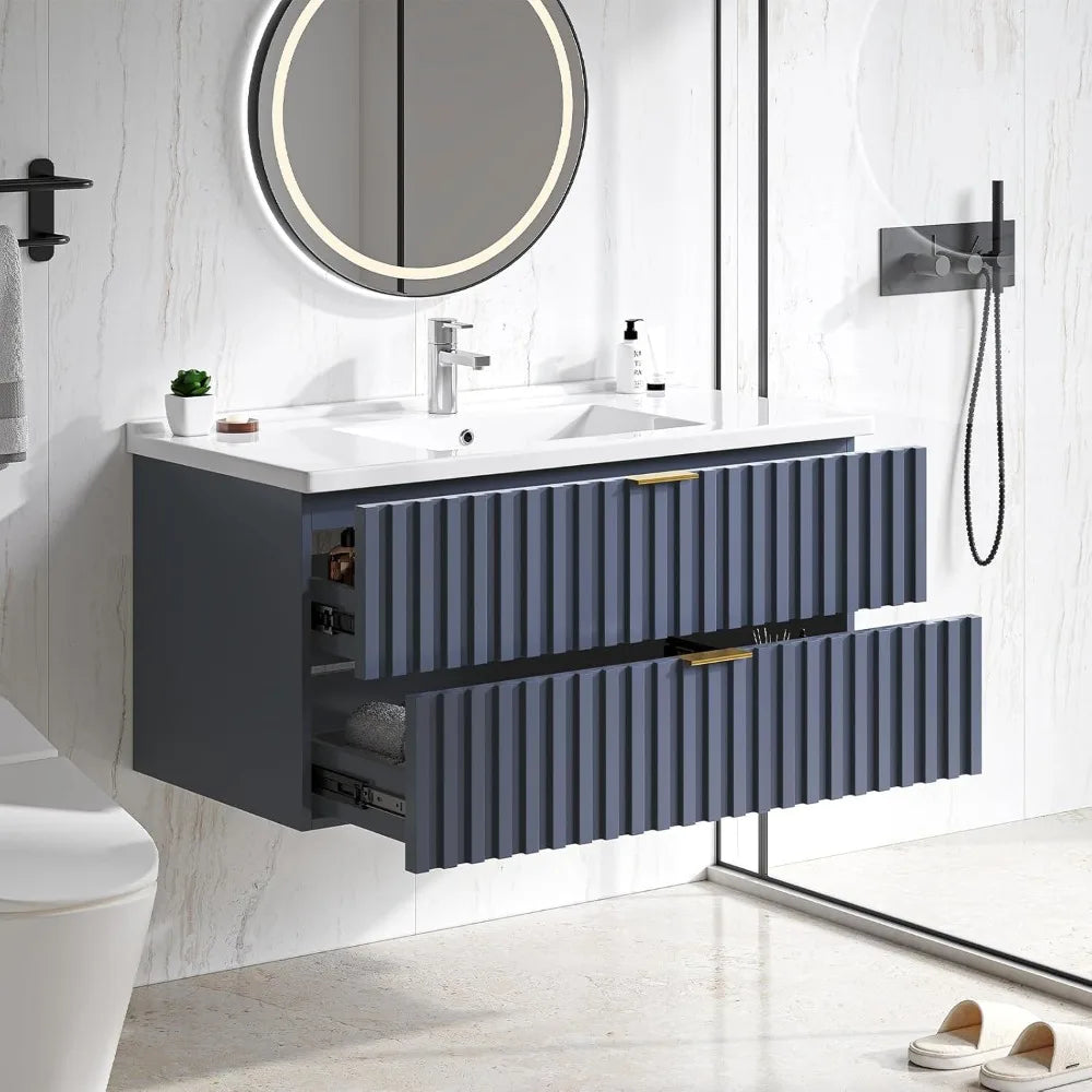 Floating Bathroom Vanity With Sink And Dual Fluted Drawers
