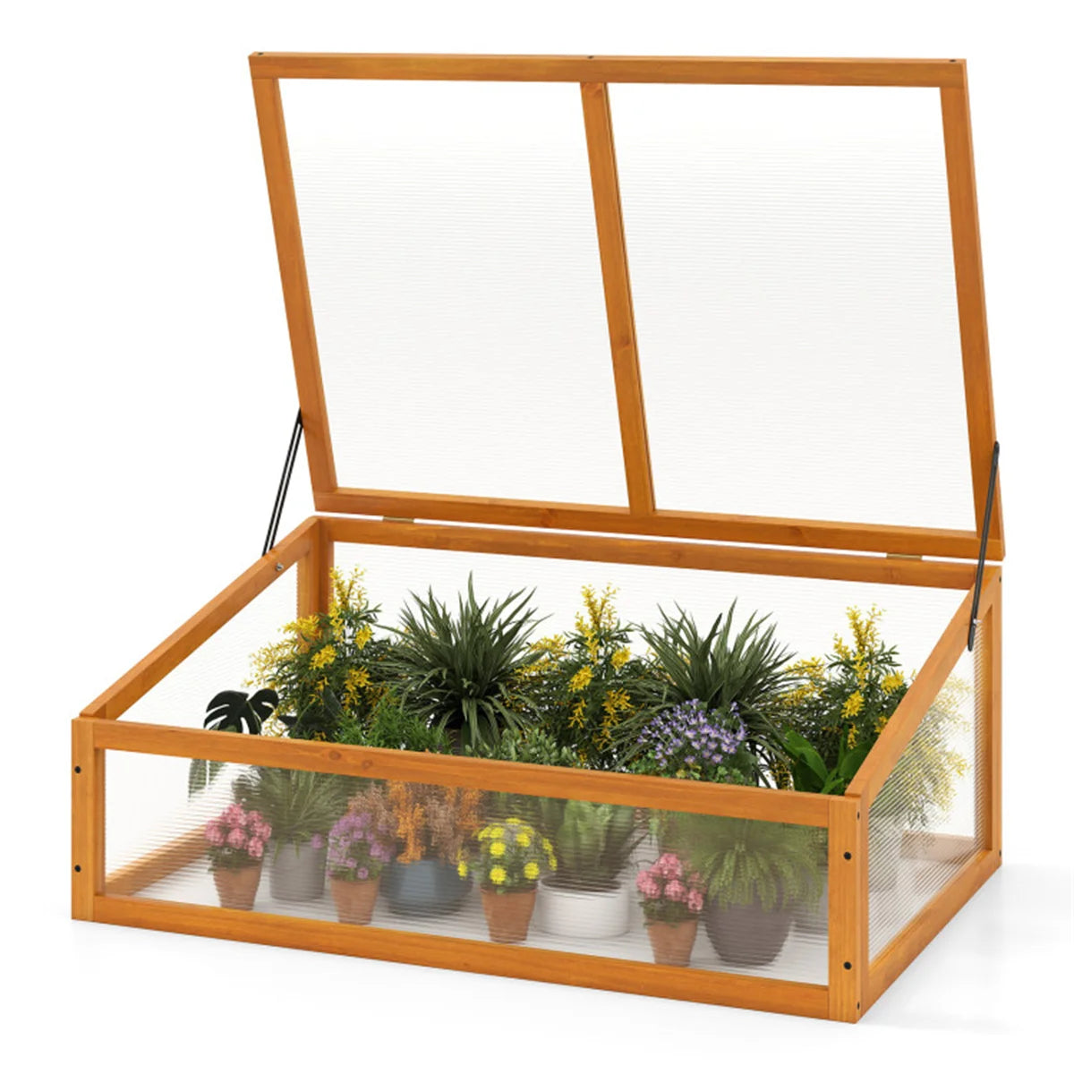 Wooden cold frame greenhouse with adjustable polycarbonate roof, portable mini greenhouse for extending the growing season of fl