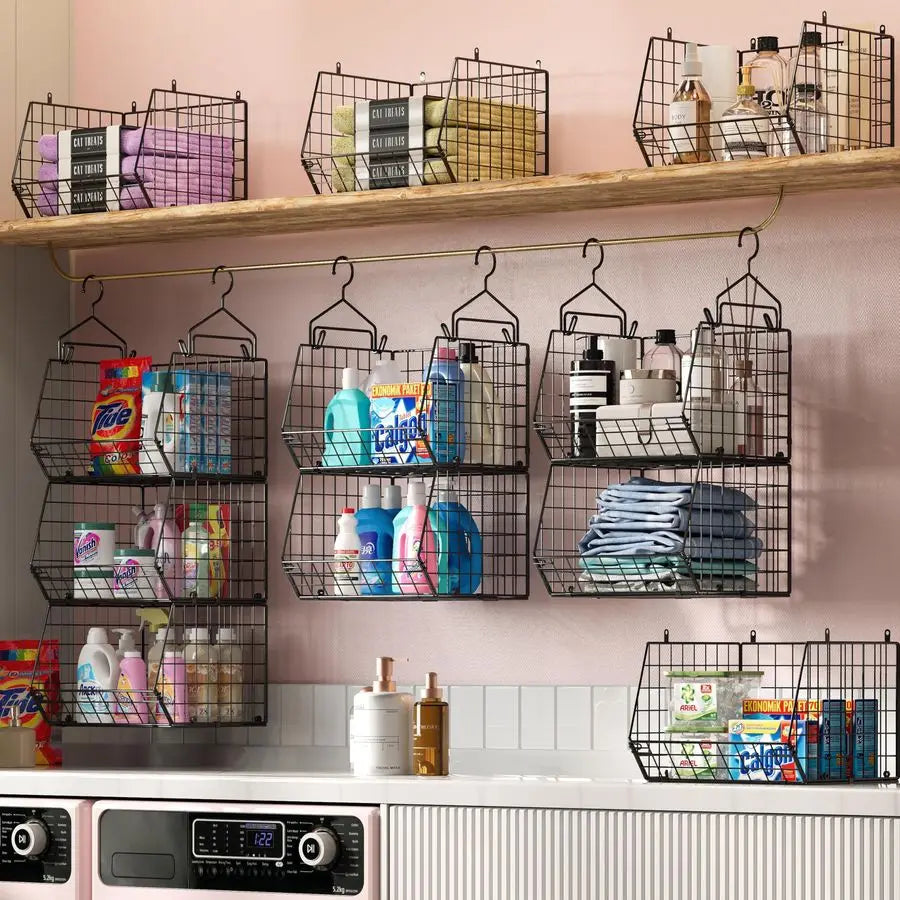 5 Tier Closet Hanging Organizer, Clothes Hanging Shelves with 4 Hanging Hooks 5 S Hooks, Wire Storage Basket Bins, for Clothing