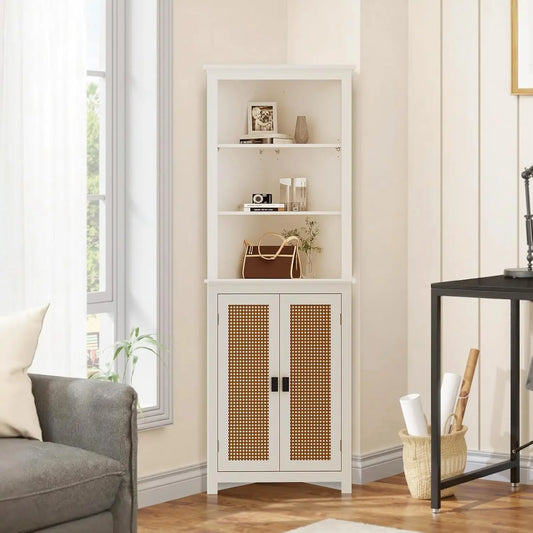 HiMISS Rattan Freestanding Corner Cabinet With 2 Doors Adjustable Shelves