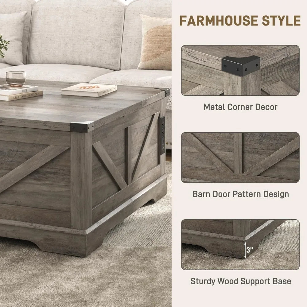 Farmhouse Lift Top Coffee Table With Power Outlets And Storage