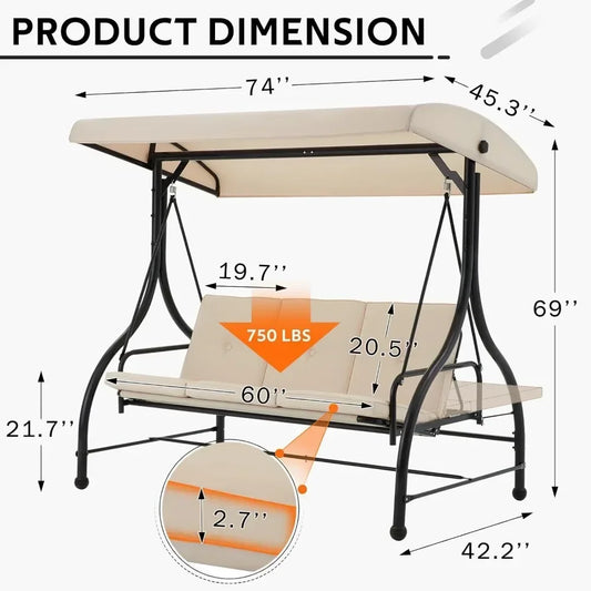 Alloy Steel Patio Swing Chair With Adjustable Backrest And Canopy