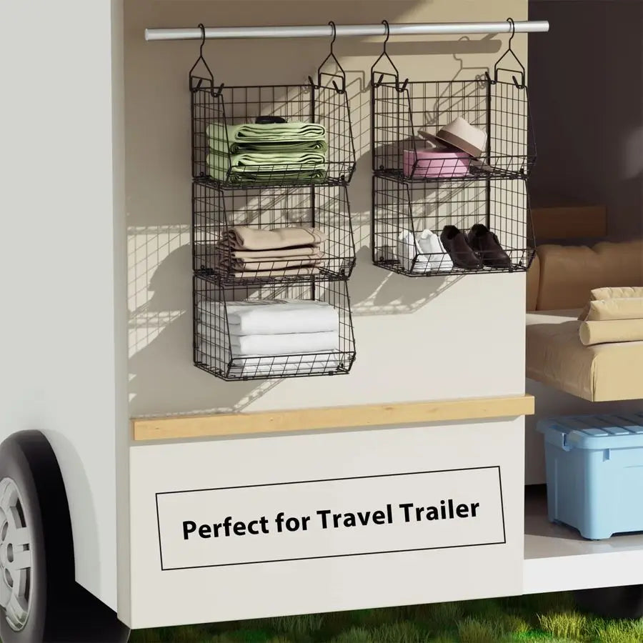 5 Tier Closet Hanging Organizer, Clothes Hanging Shelves with 4 Hanging Hooks 5 S Hooks, Wire Storage Basket Bins, for Clothing