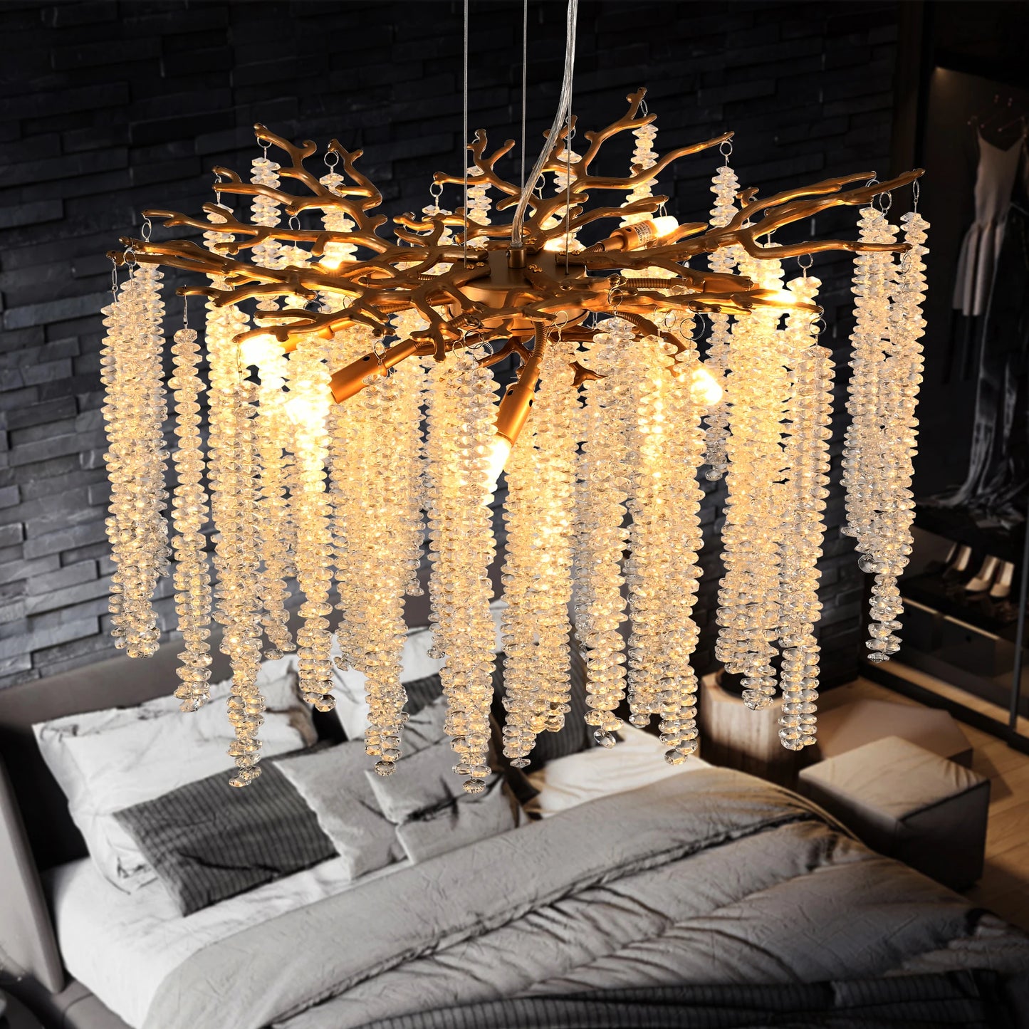 Modern Pendant Light With Cascading Crystal Strands Bulb Not Included