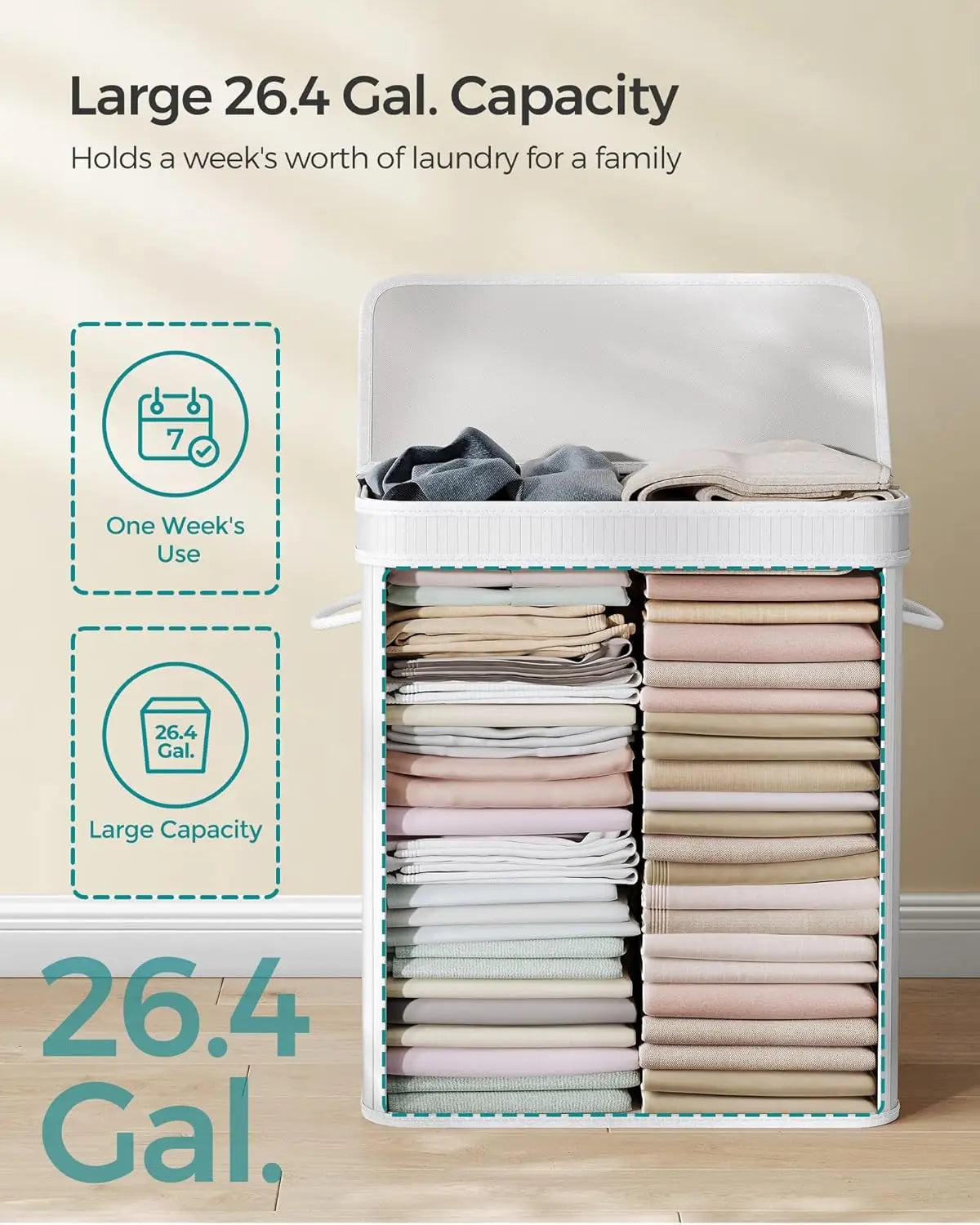 Foldable Bamboo Laundry Basket with Lid, Removable Washable Liner, Large Capacity for Home Use