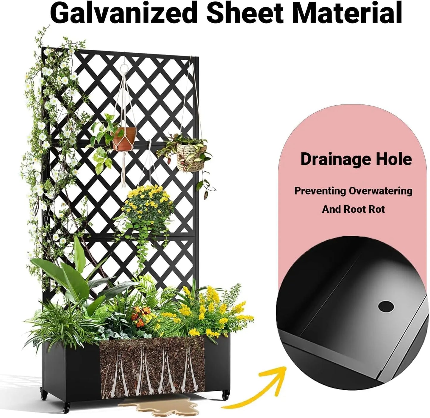 Metal Raised Garden Bed, 72" H x 47" W Privacy Planter Box with Trellis and Wheels, Hook, Freestanding Privacy Planter Box for C