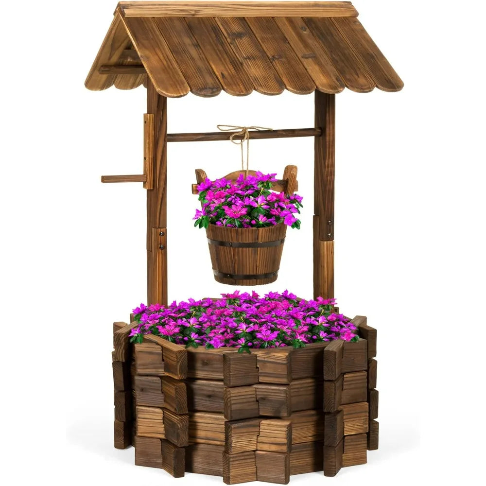 Rustic Wooden Wishing Well Planter Outdoor Home Décor for Patio, Garden, Yard w/Hanging Bucket