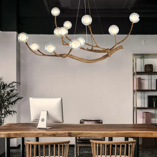 12-Light Modern Branch Chandelier Lamp with Adjustable Chain, Retro Wood Warm Light Fixture—LED Light Source,Covers 15-30m² Area