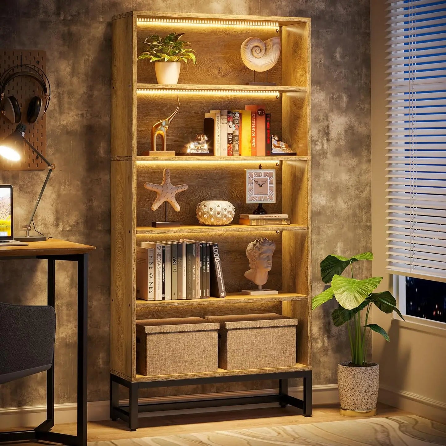 Modern Wood Bookshelf With Built In LED Lights Free Standing