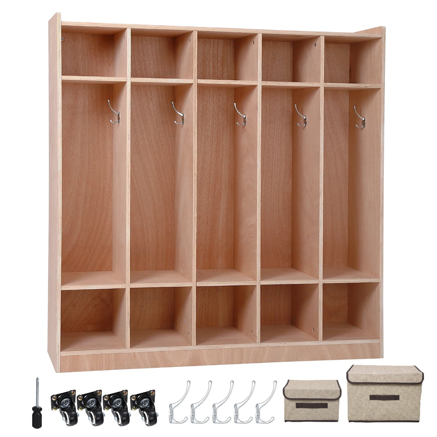 HiMISS Five Section Wooden Kids Storage Locker With Hooks Bins