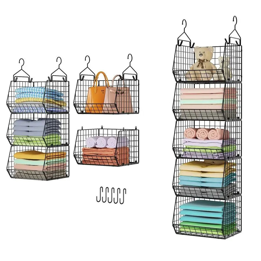 5 Tier Closet Hanging Organizer, Clothes Hanging Shelves with 4 Hanging Hooks 5 S Hooks, Wire Storage Basket Bins, for Clothing