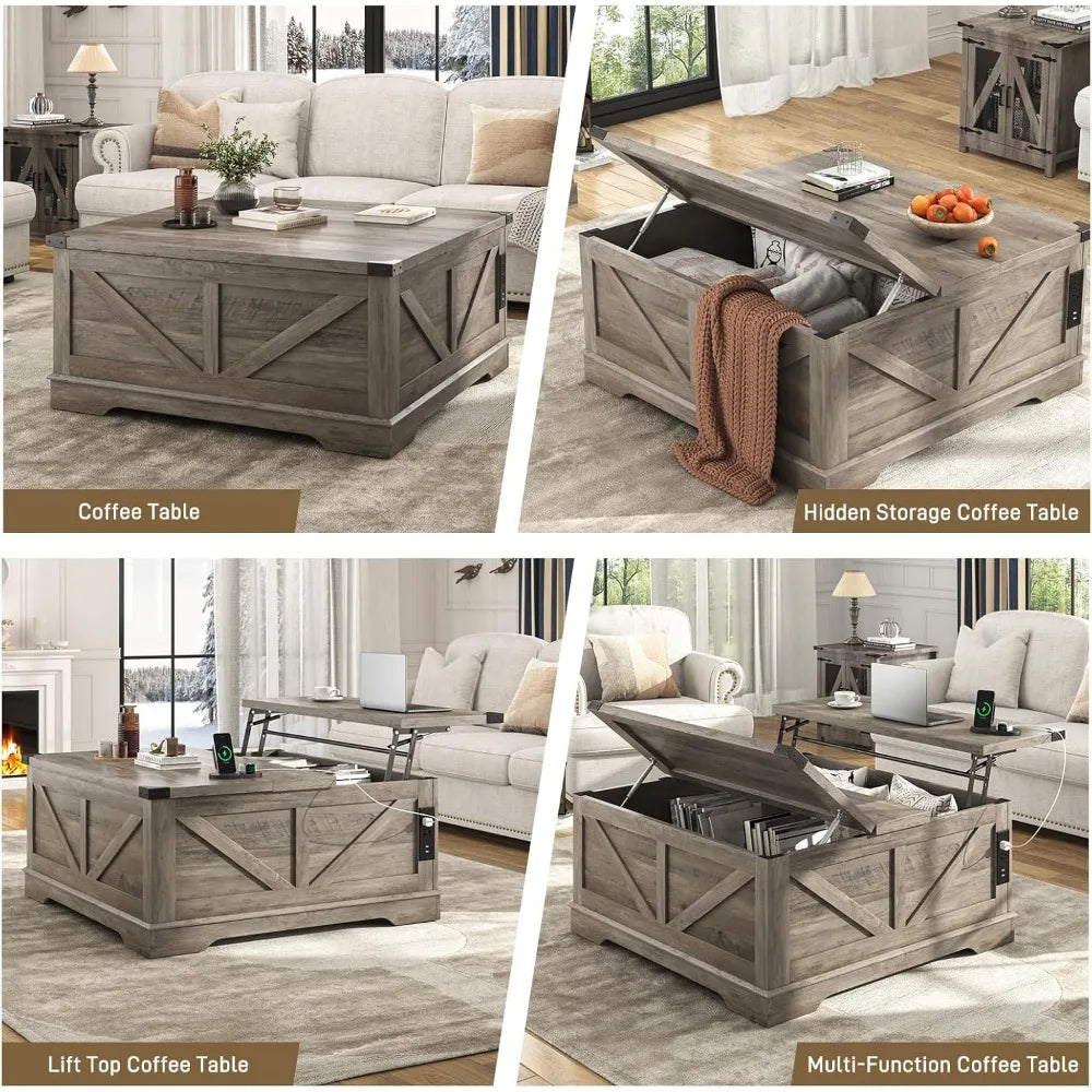 Farmhouse Lift Top Coffee Table With Power Outlets And Storage