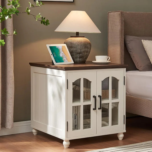 Farmhouse Wooden Bedside Table Set With Charging Station