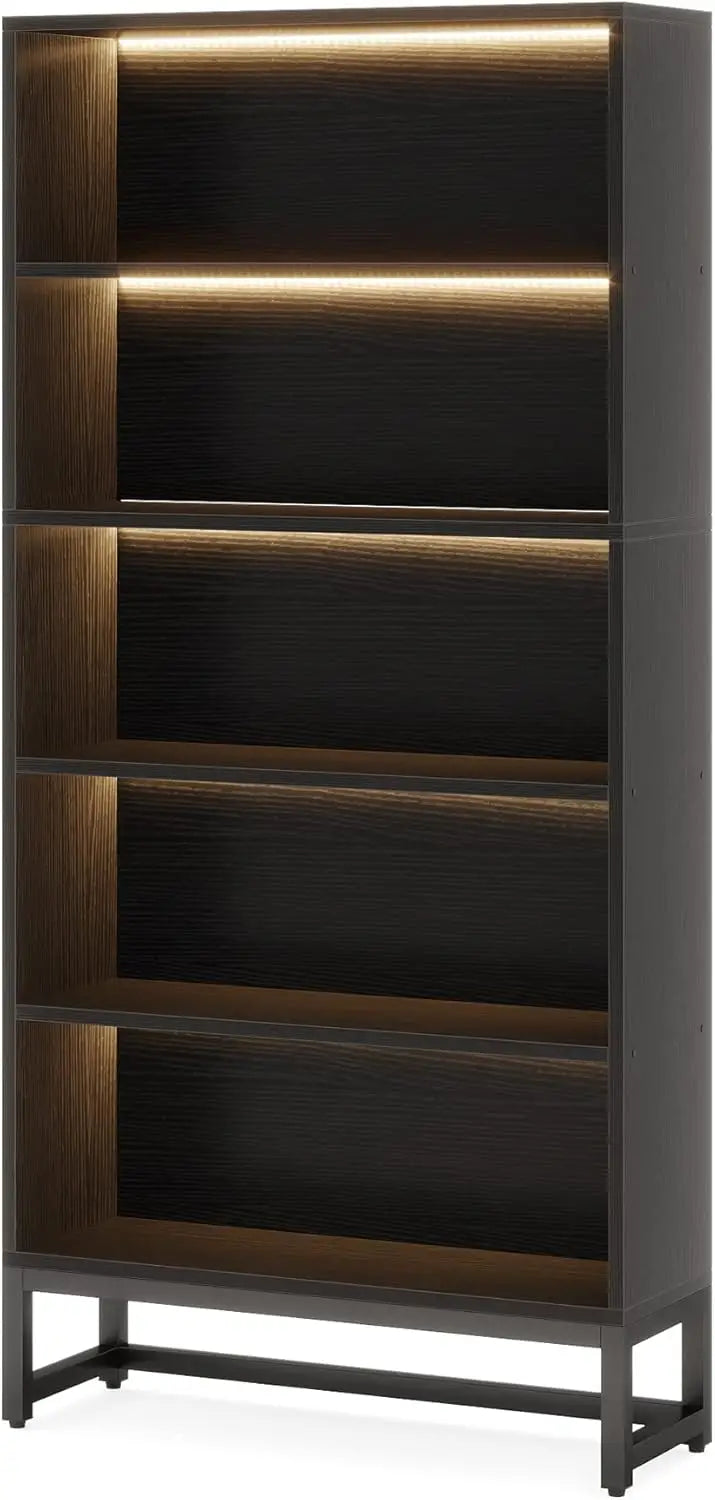 Modern Wood Bookshelf With Built In LED Lights Free Standing