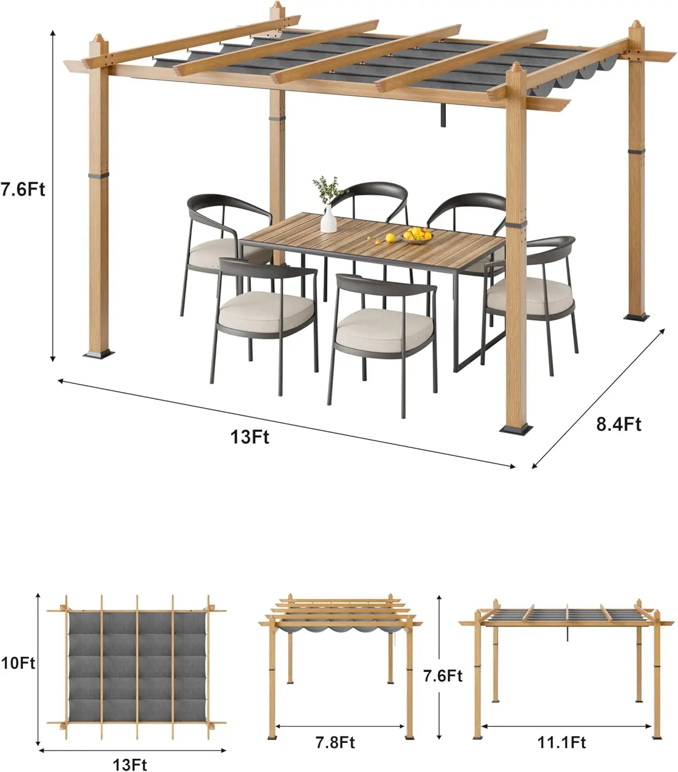 10X10FT 10X13FT Outdoor Pergola With Retractable Canopy,  Faux Wood Grain Metal Patio Gazebo, Modern Yard Pergola Shelter