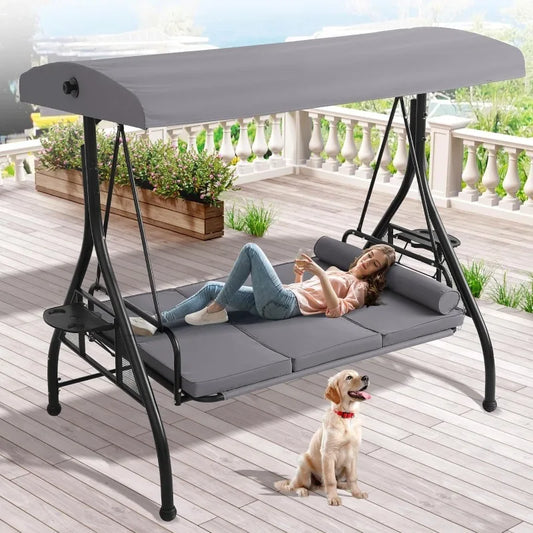 Outdoor Porch Swing With Canopy 3 Person Swing Convertible 2 In 1 Cup Holder