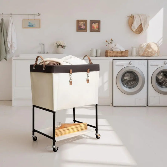 Laundry Cart, 2 Tier Rolling Laundry Basket, Heavy Duty Laundry Basket with Lockable Wheels, Laundry Room Organization and Stora