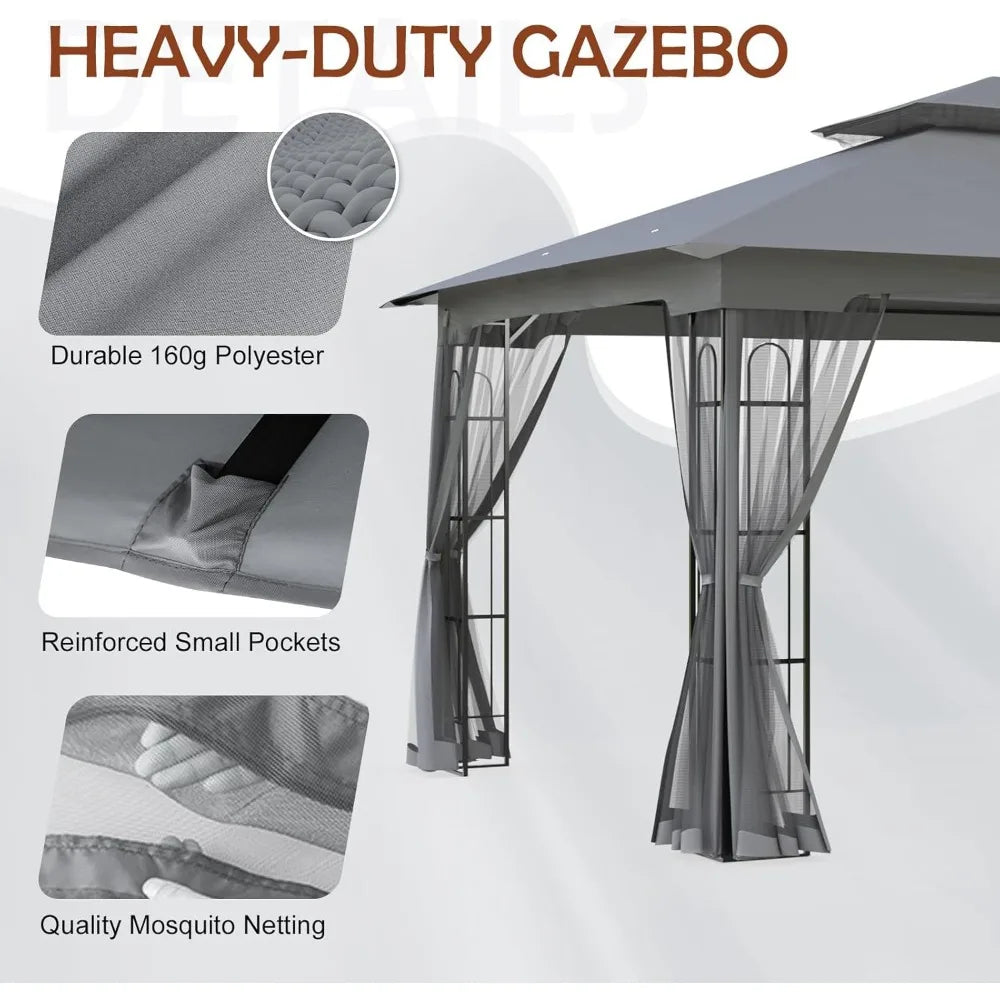 10x12 Outdoor Patio Gazebo with Netting, for Backyard, Lawn, Deck and Garden, Two-Tier Soft Top Canopy