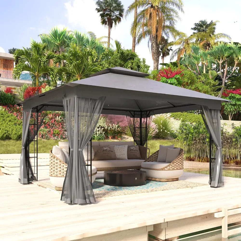 10x12 Outdoor Patio Gazebo with Netting, for Backyard, Lawn, Deck and Garden, Two-Tier Soft Top Canopy