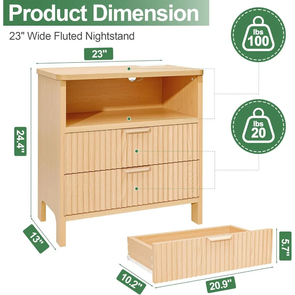 Chengwei Fluted Nightstand Set With Charging Station And 2 Drawers