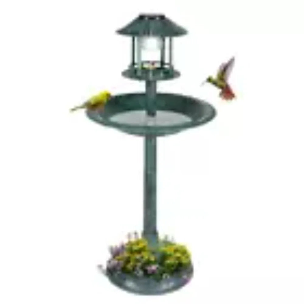 Plastic Round Bird Bath With Solar Light And Sturdy Base Outdoor Garden