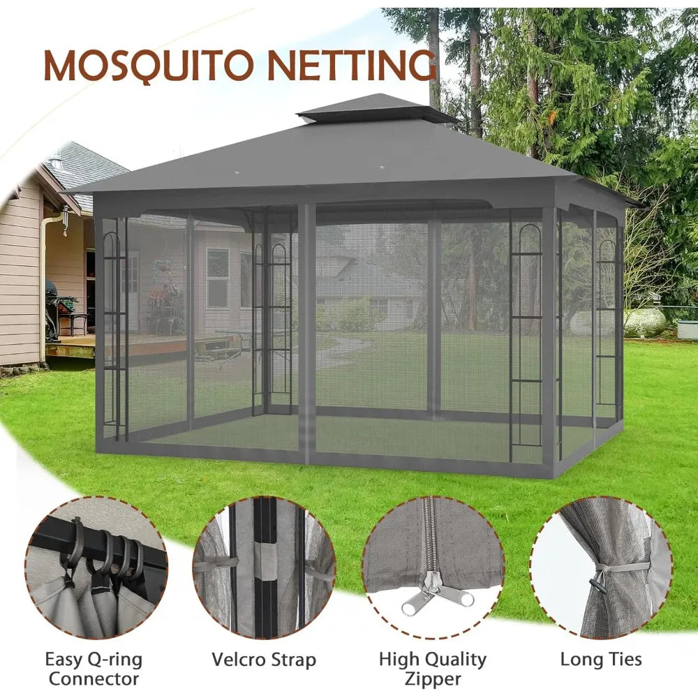 10x12 Outdoor Patio Gazebo with Netting, for Backyard, Lawn, Deck and Garden, Two-Tier Soft Top Canopy
