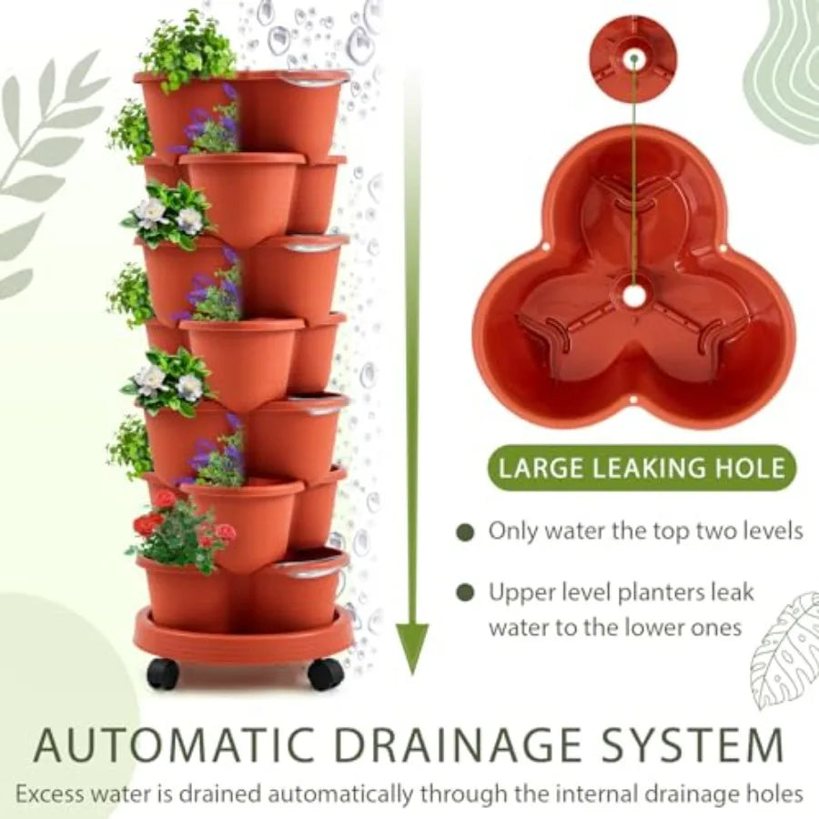 2 Set of 7 Tier Stackable Vertical Planters with Removable Wheels and Tools Tower for Indoor Outdoor Gardening Clay Red Pots fo
