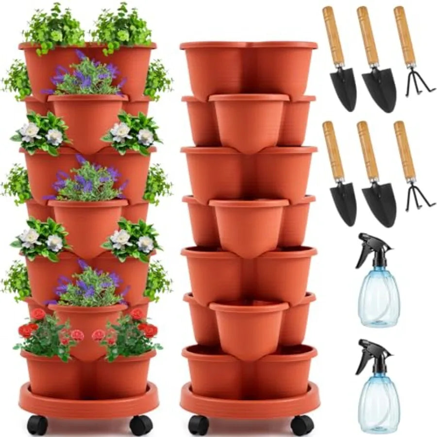 2 Set of 7 Tier Stackable Vertical Planters with Removable Wheels and Tools Tower for Indoor Outdoor Gardening Clay Red Pots fo