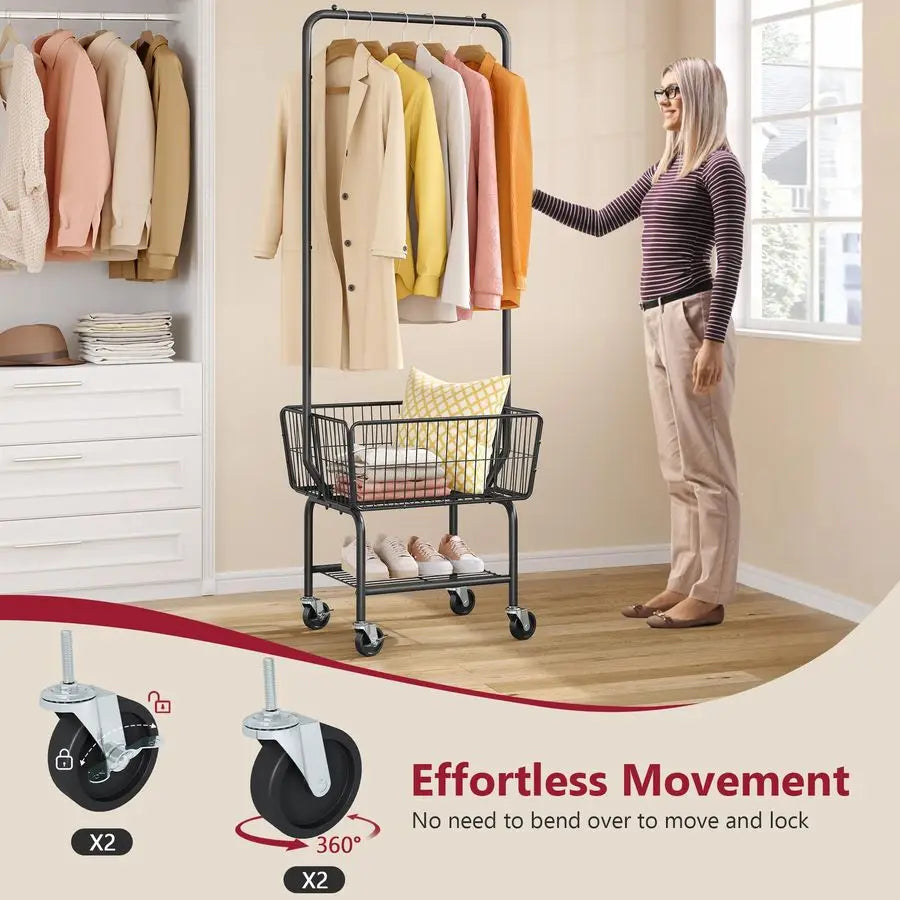 Laundry Cart with Hanging Rack, Metal Laundry Basket with Wheels, Laundry Hamper with Storage Basket and Shelf, Rolling Laundry