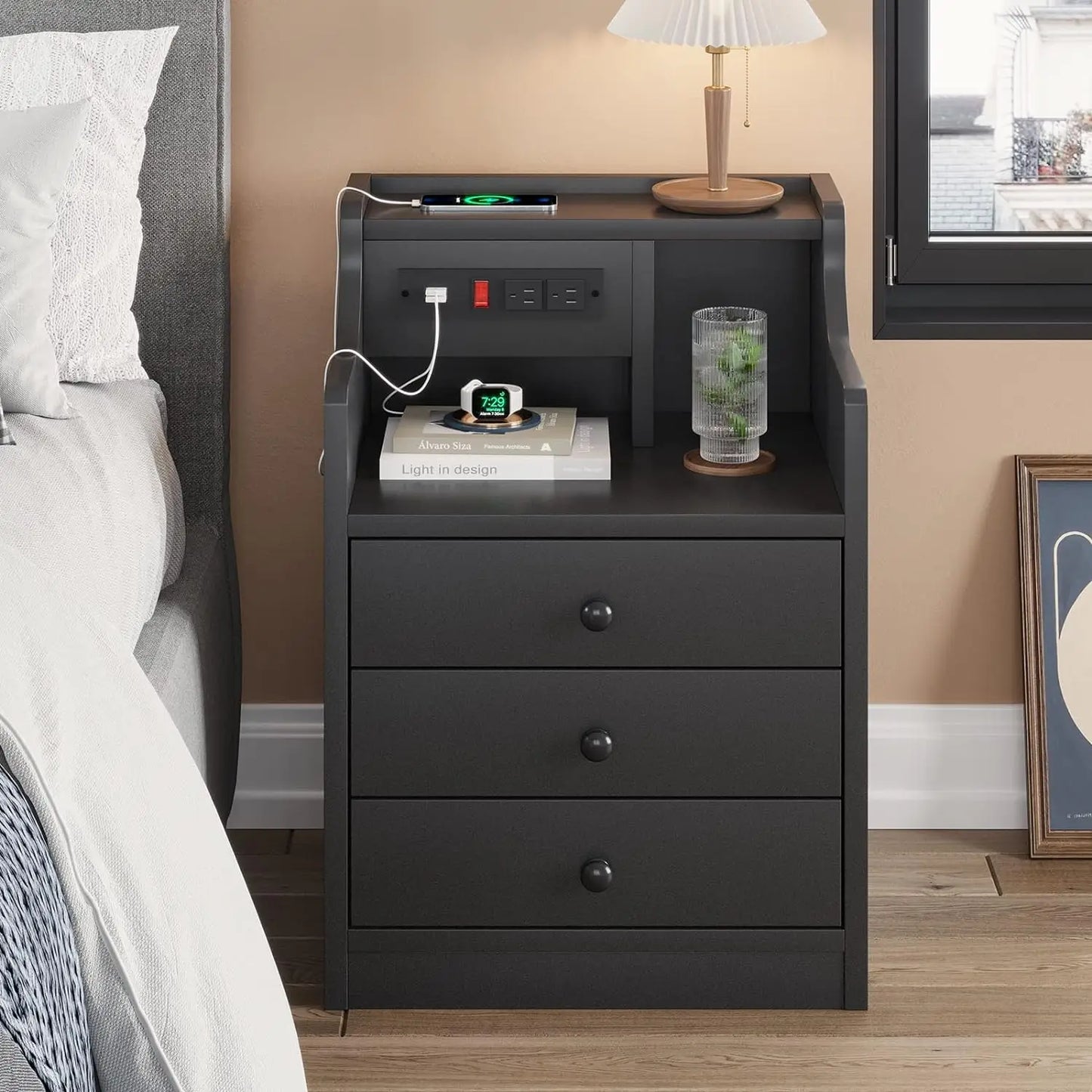 Bedside Table Set Of 2 With Charging Station And Storage