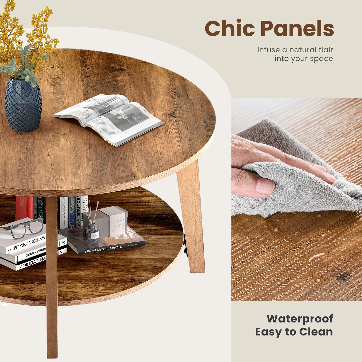 JHK Wood Round Coffee Table With Storage TwoTier Modern Design