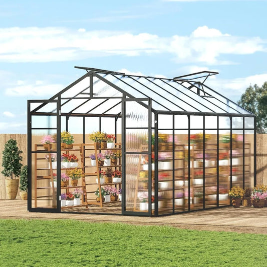 polycarbonate greenhouse, 8 x 14 ft, outdoor greenhouse with 2 vent windows, pavilion styled greenhouse with hinged door, alumi