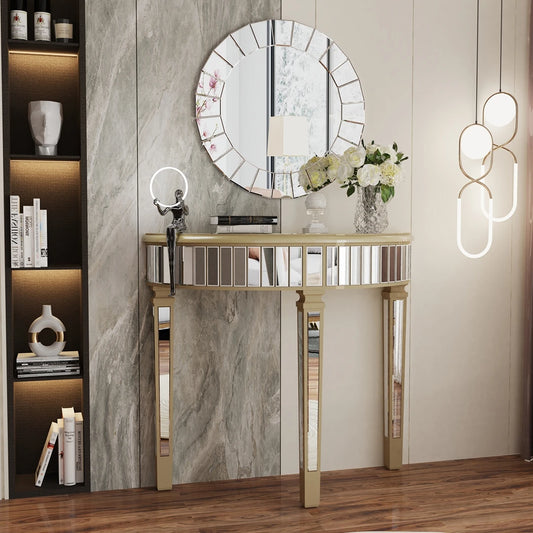 Modern HalfMoon Beveled Glass Mirrored Console Table For Living Room