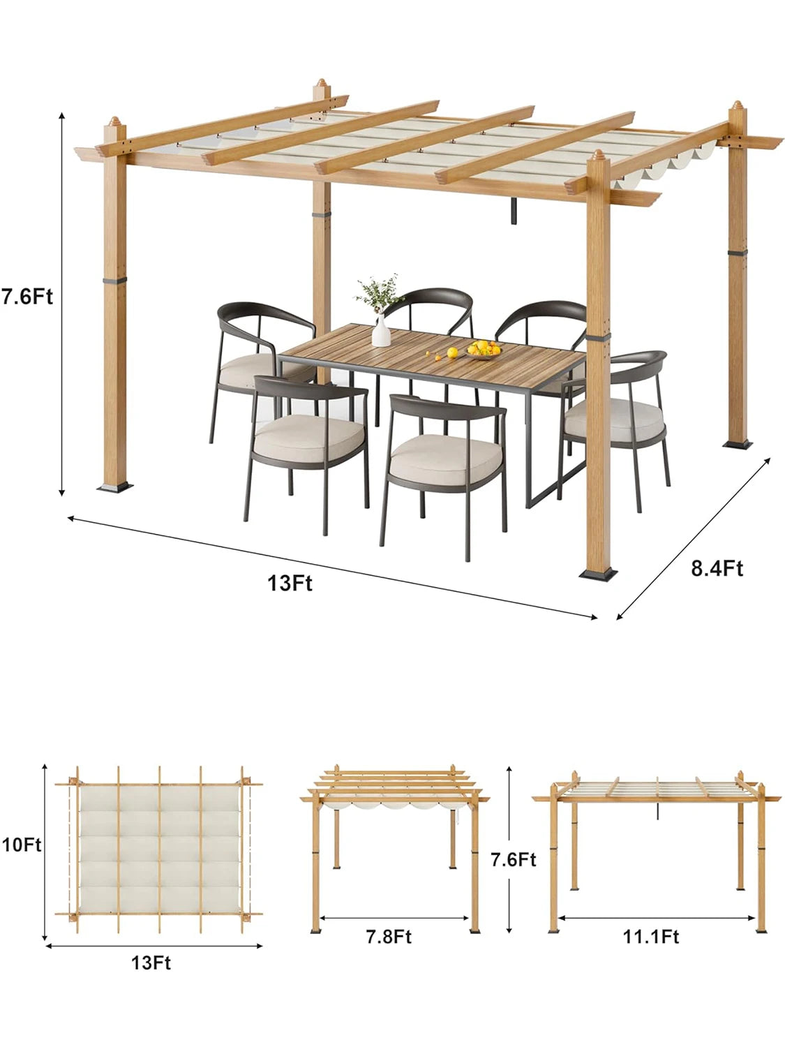 10X10FT 10X13FT Outdoor Pergola With Retractable Canopy,  Faux Wood Grain Metal Patio Gazebo, Modern Yard Pergola Shelter