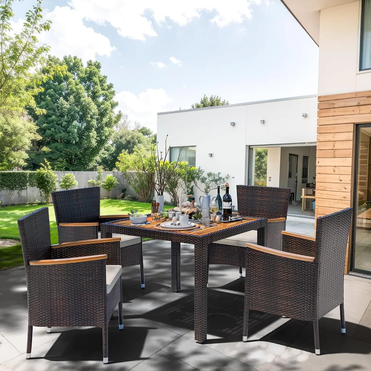 5 Piece Patio Dining Set Wicker Chairs And Wood Table