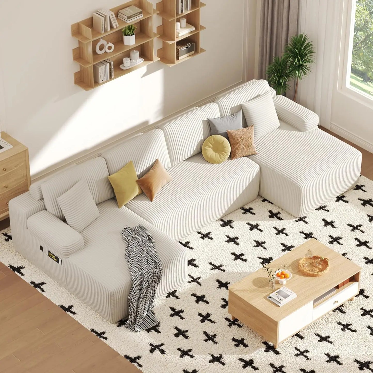 U Shaped Memory Foam Sectional Sofa With Corduroy Fabric