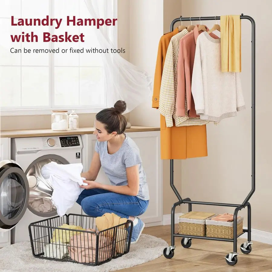 Laundry Cart with Hanging Rack, Metal Laundry Basket with Wheels, Laundry Hamper with Storage Basket and Shelf, Rolling Laundry