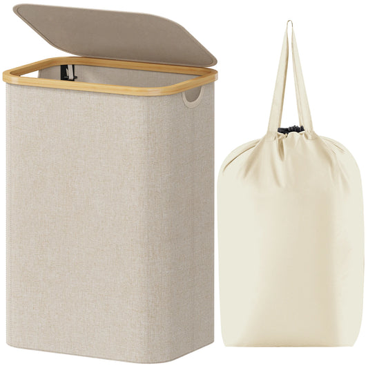 Laundry Basket with Lid, Clothes Hampers for Laundry with Bamboo Handles and A Removable Laundry Bag