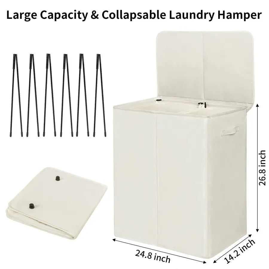 154L Double Laundry Hamper with Lid and Removable Laundry Bags, Large Dirty Clothes Hamper 2 section Collapsible Laundry Basket