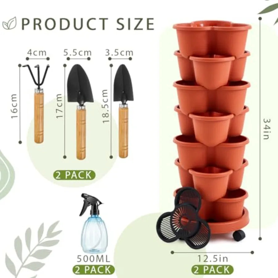 2 Set of 7 Tier Stackable Vertical Planters with Removable Wheels and Tools Tower for Indoor Outdoor Gardening Clay Red Pots fo