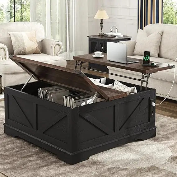 Farmhouse Lift Top Coffee Table With Power Outlets And Storage