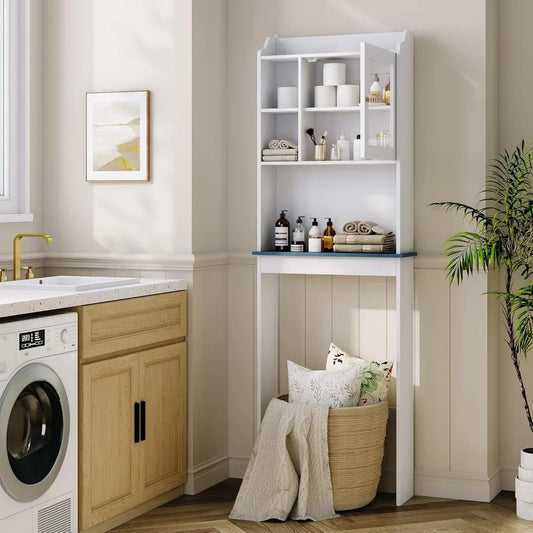 Tall Over Toilet Storage Cabinet With Glass Door And Adjustable Shelves