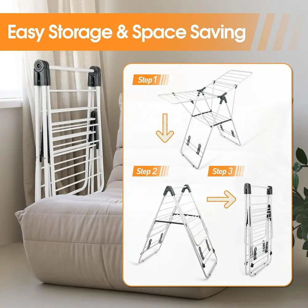Foldable Metal Laundry Drying Rack with Height-Adjustable Wings, Space Saving, Indoor Outdoor Use, White Free-Standing Airer