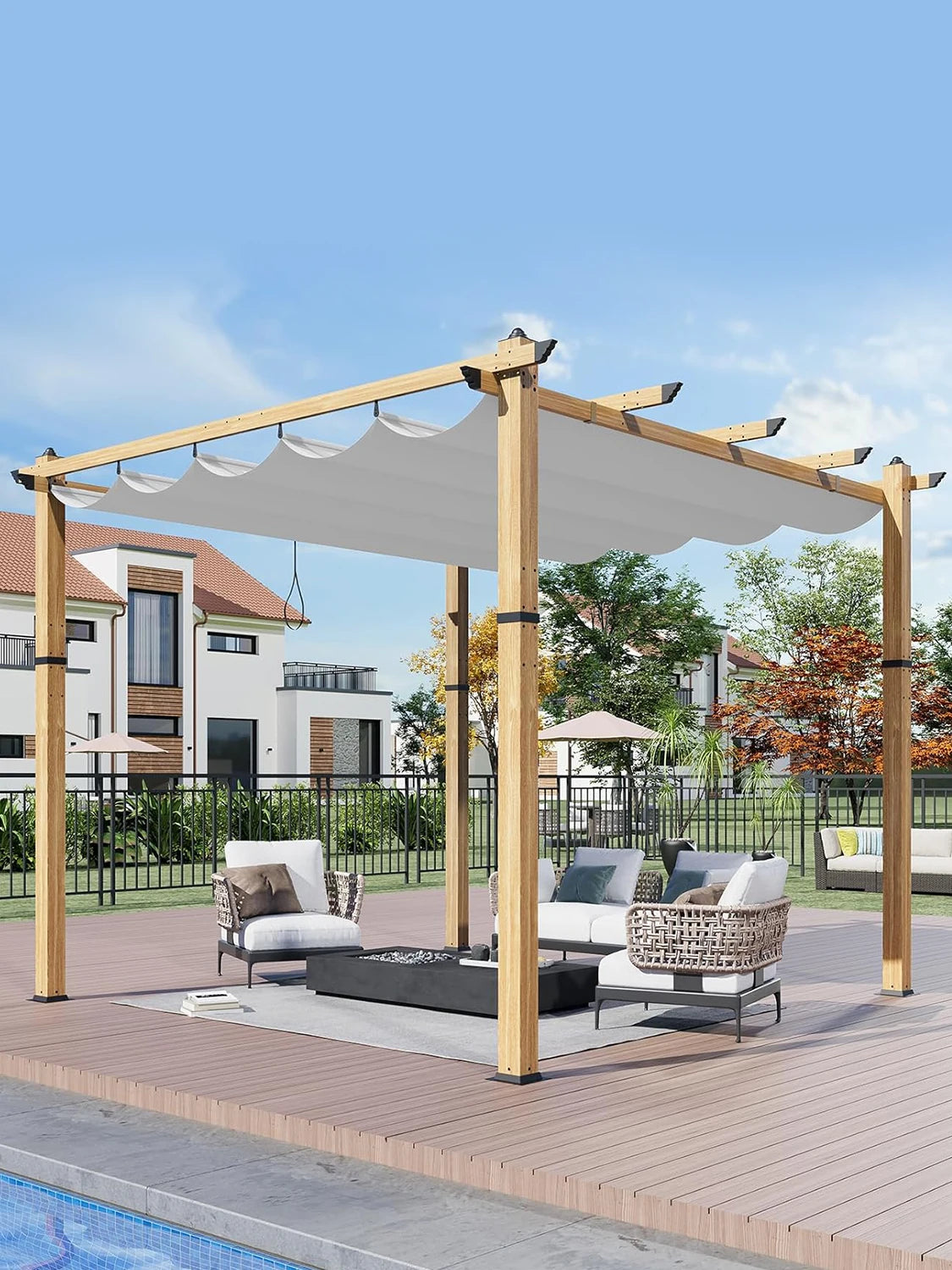 10X10FT 10X13FT Outdoor Pergola With Retractable Canopy,  Faux Wood Grain Metal Patio Gazebo, Modern Yard Pergola Shelter