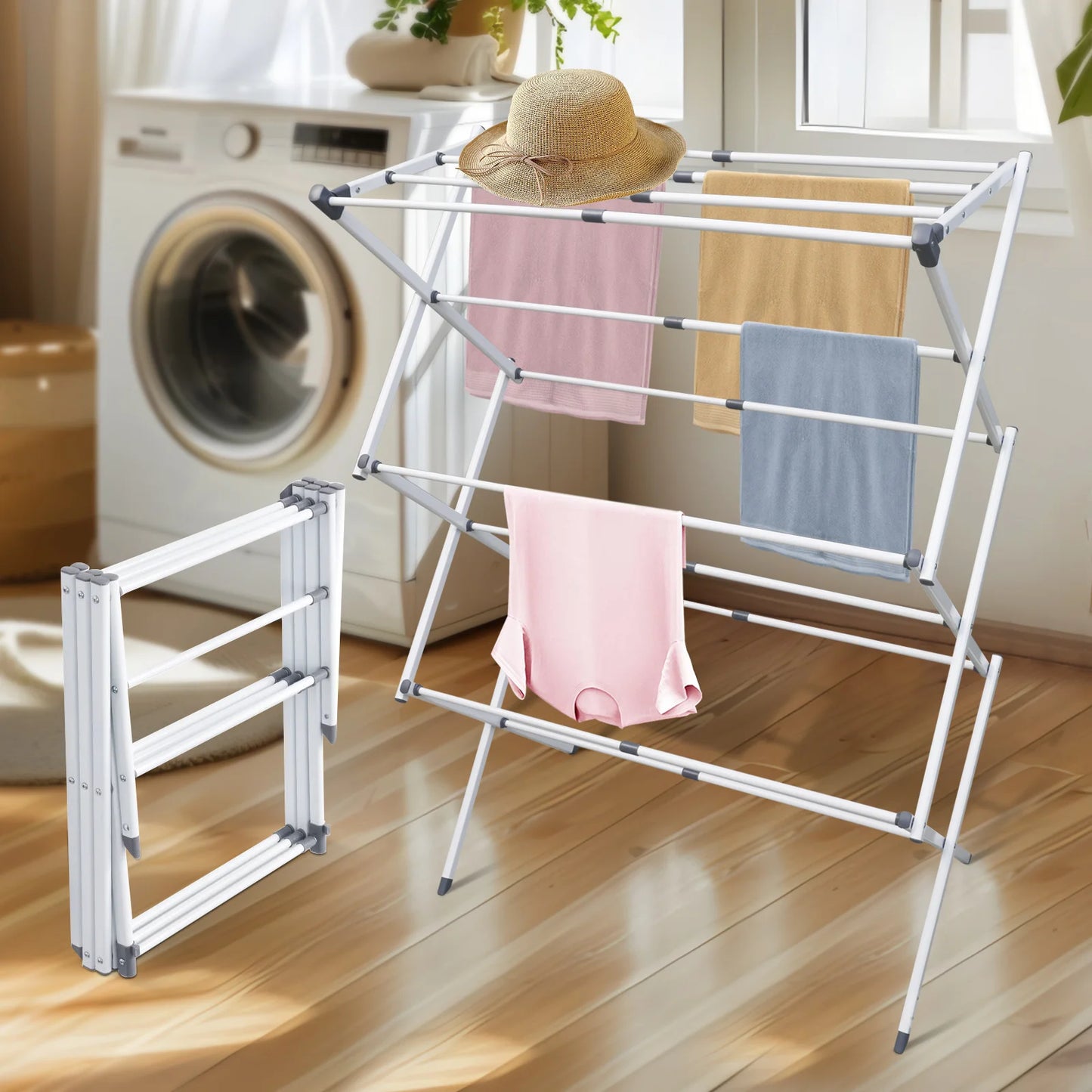 Folding Drying Rack Floor Metal Clothes Hanger Telescopic Multi-layer Adjustable Household for Home Camping Travel Outdoor