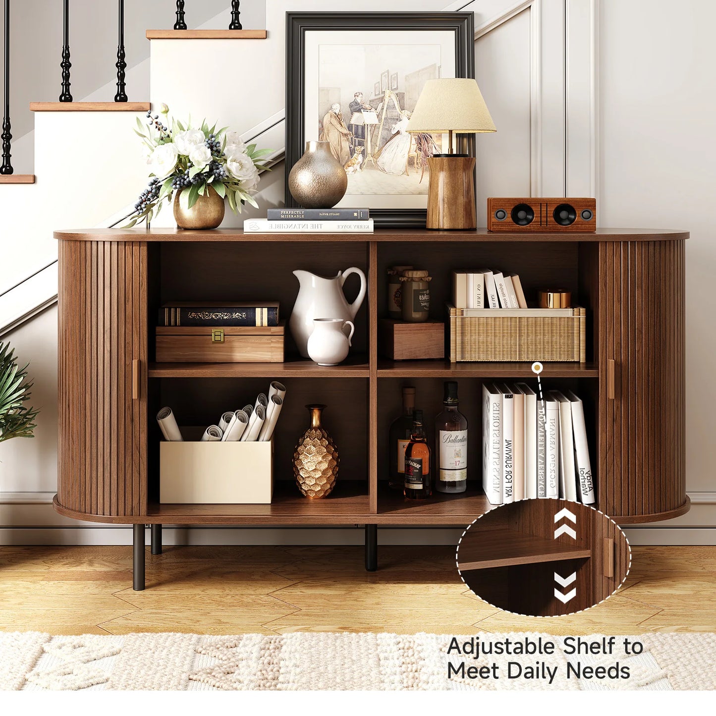 General Sideboard Buffet Cabinet With Adjustable Shelves Wood Fluted