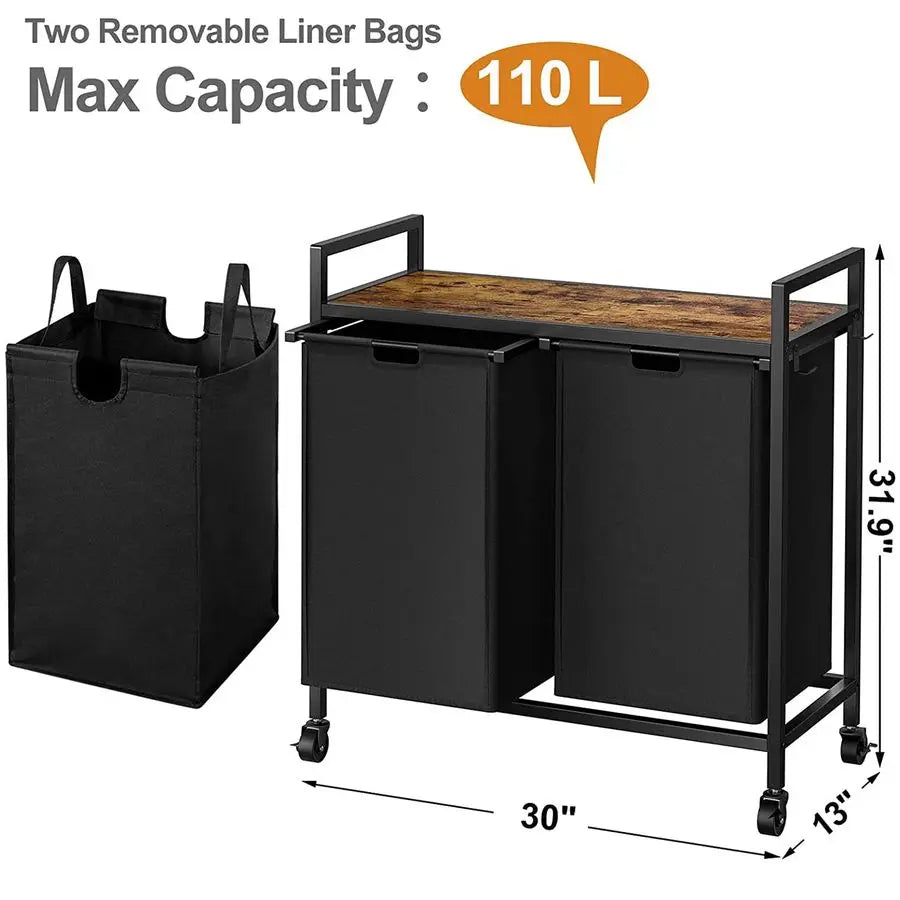 Double Laundry Hamper with Lid,Rolling Laundry Basket Organizer with Wheels, IronMade Laundry Sorter with Top Shelf and 2 Remova