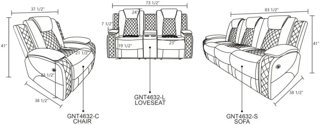 Electric Recliner Living Room Set LED Light And Wireless Charging