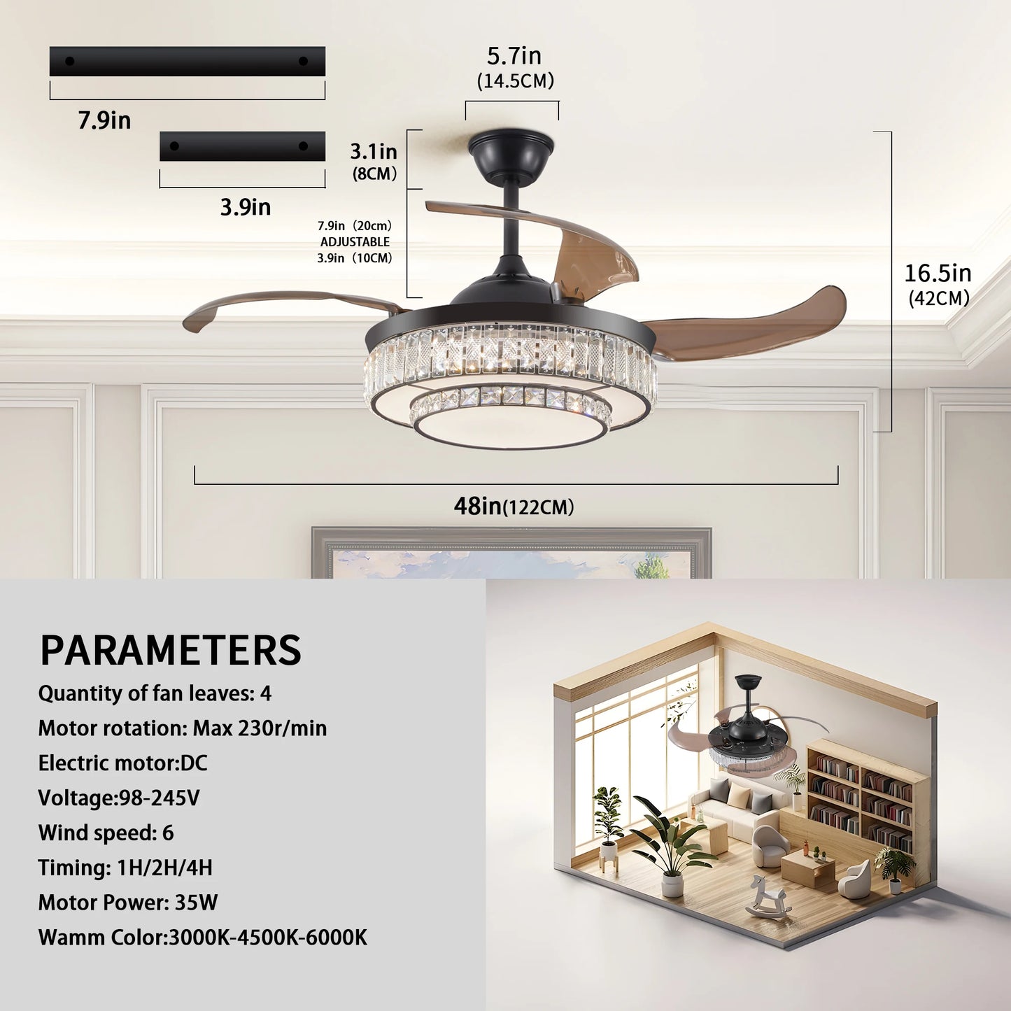ARLGSITE Crystal Ceiling Fan Light With Remote Control And Timer