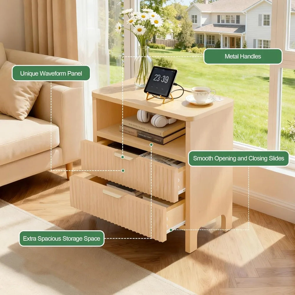 Chengwei Fluted Nightstand Set With Charging Station And 2 Drawers